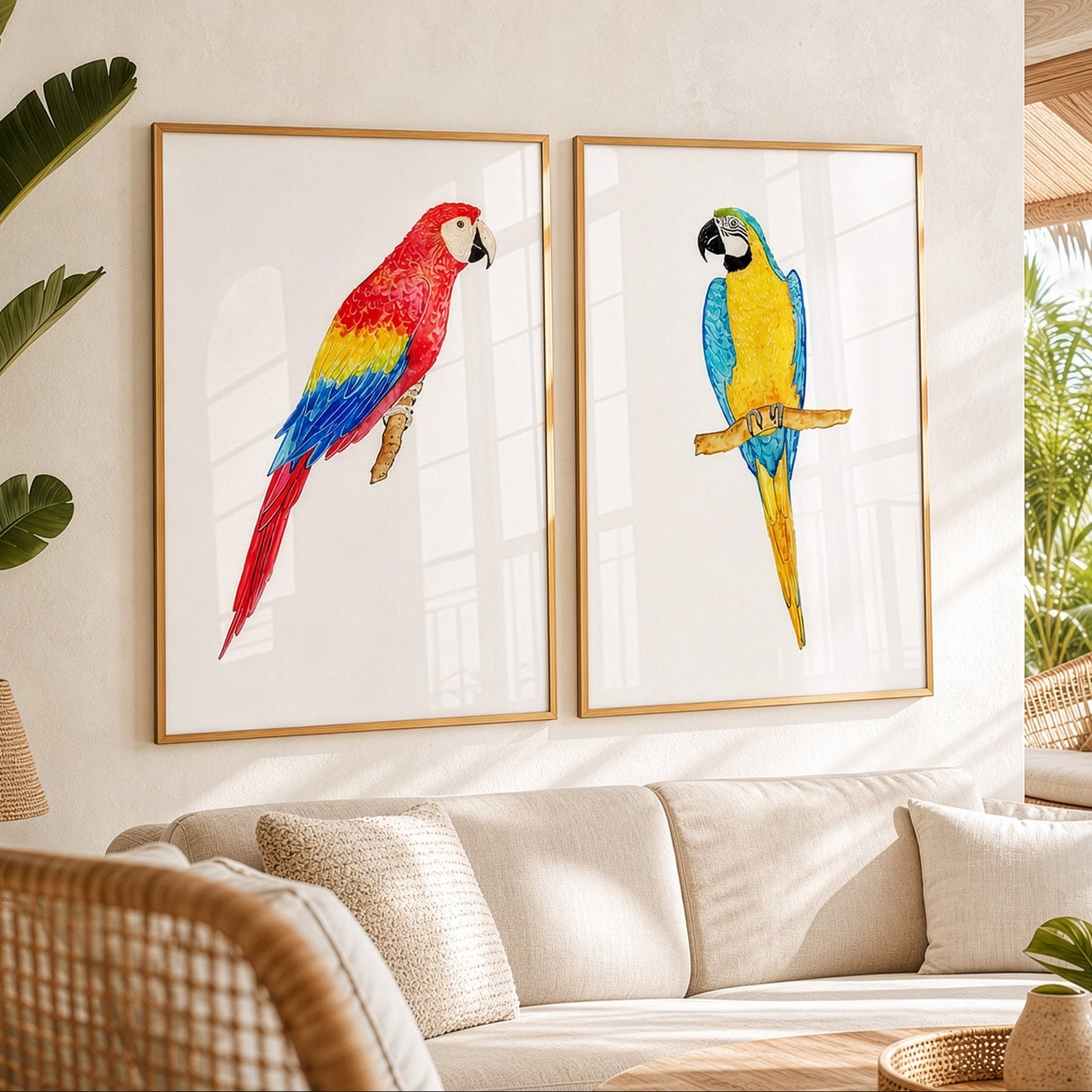 Two framed wall art prints featuring colorful parrots hanging above a beige sofa in a bright, modern living room. The left print shows a red, yellow, and blue macaw, and the right print shows a blue and yellow parrot, both on a white background with light wood frames.