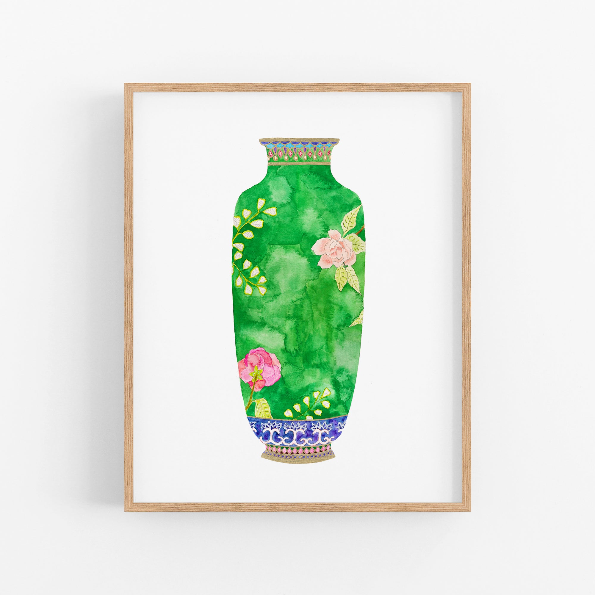 a painting of a green vase with flowers on it