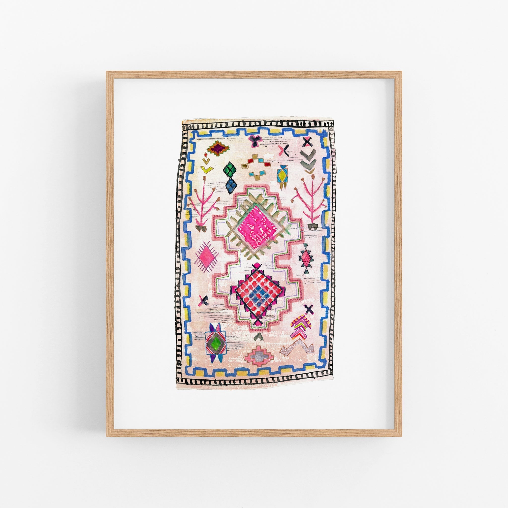 a picture of a colorful rug hanging on a wall