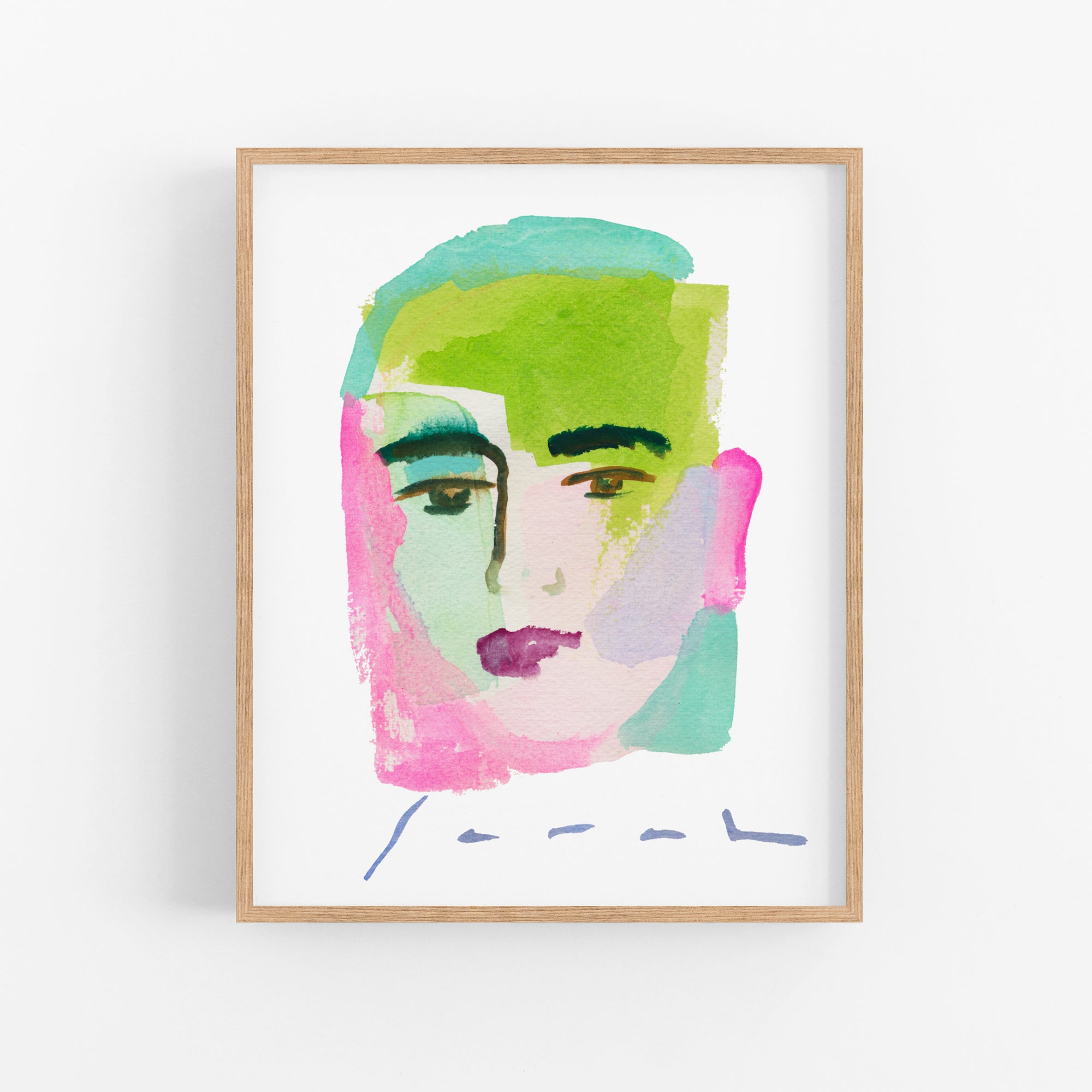 a painting of a woman's face on a white wall