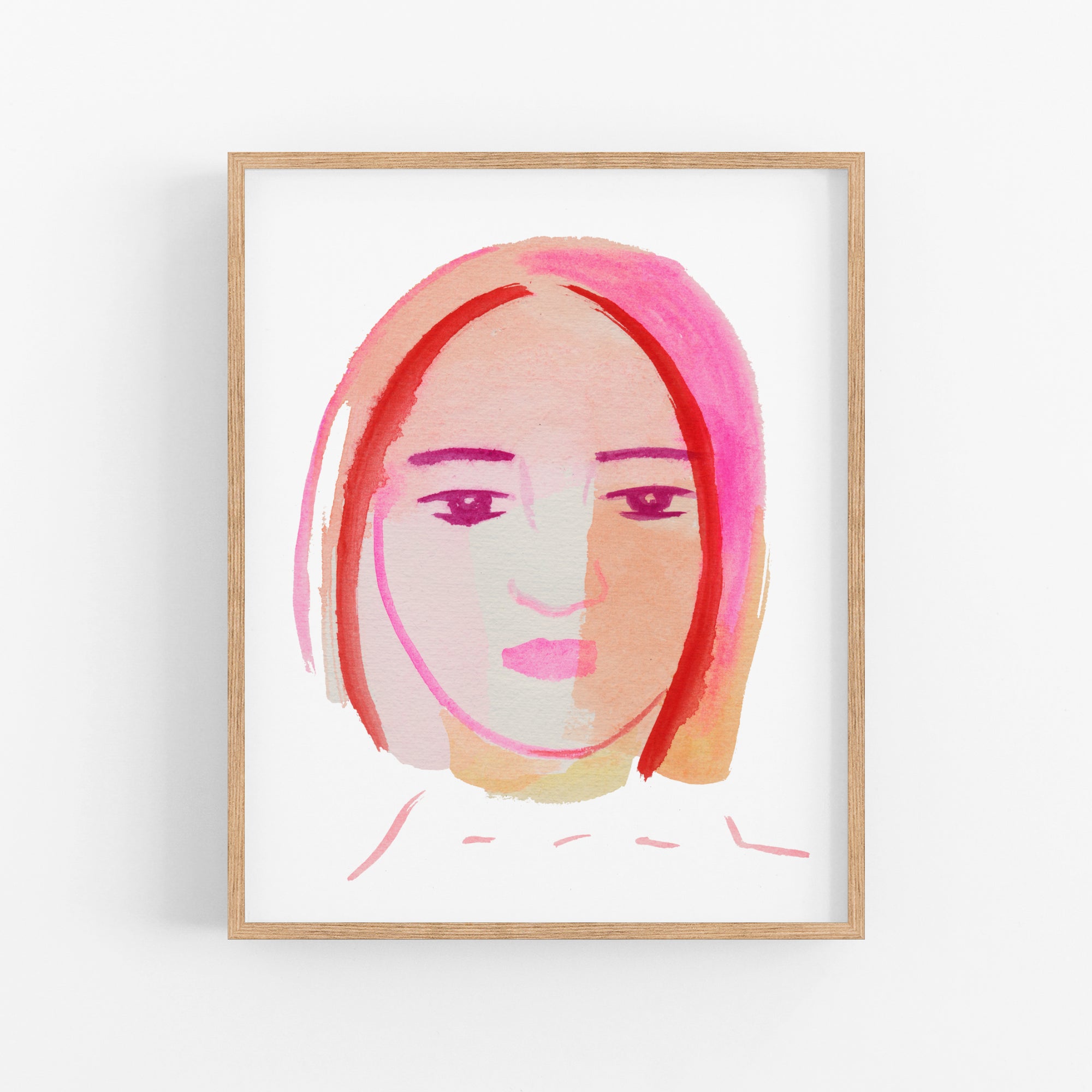 a painting of a woman with pink hair