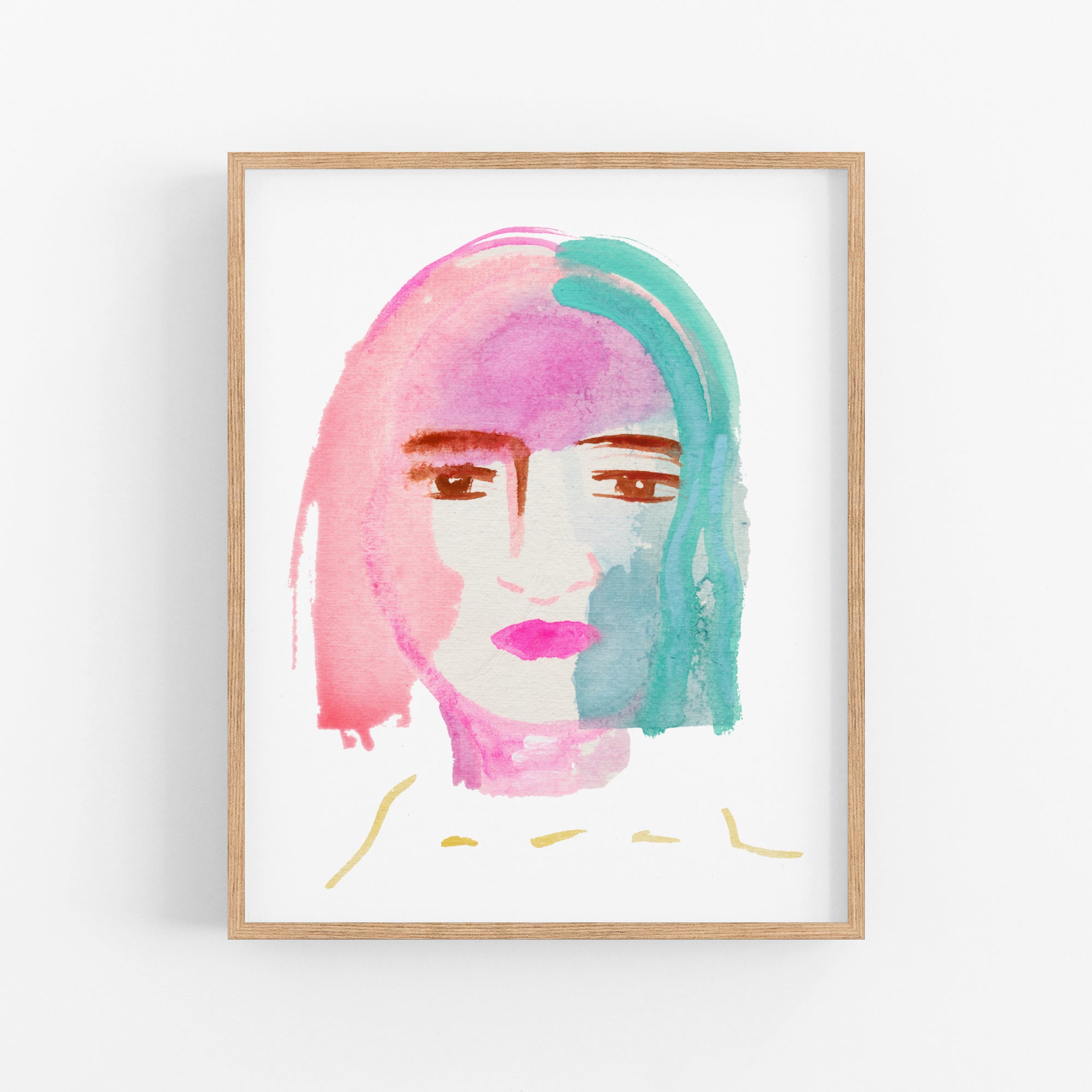 a painting of a woman with pink and blue hair