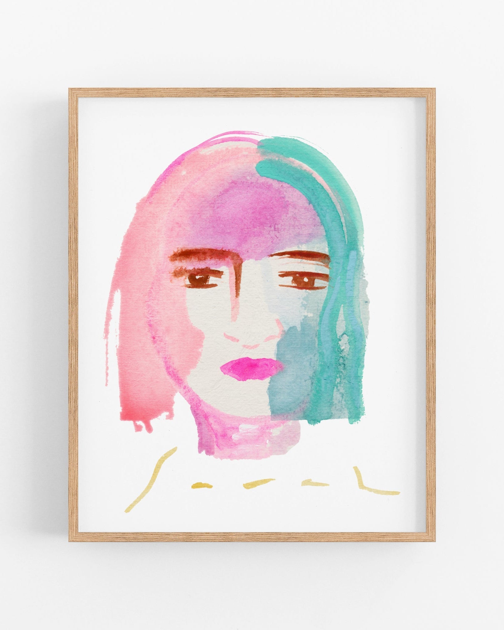 a painting of a woman with pink and blue hair