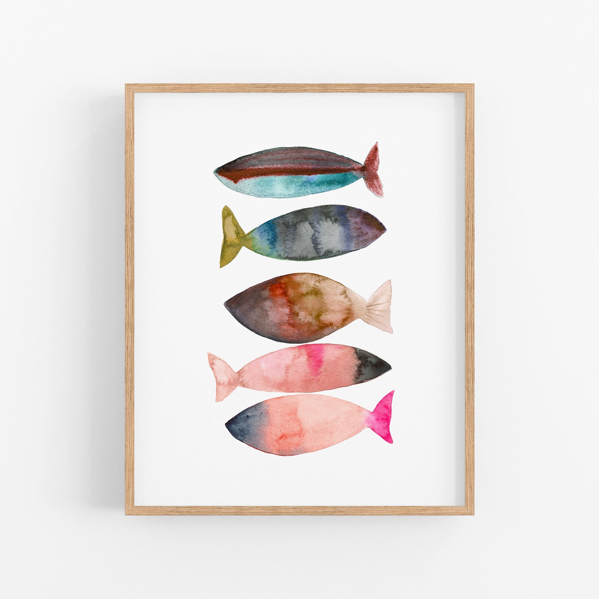 a watercolor painting of fish on a white wall