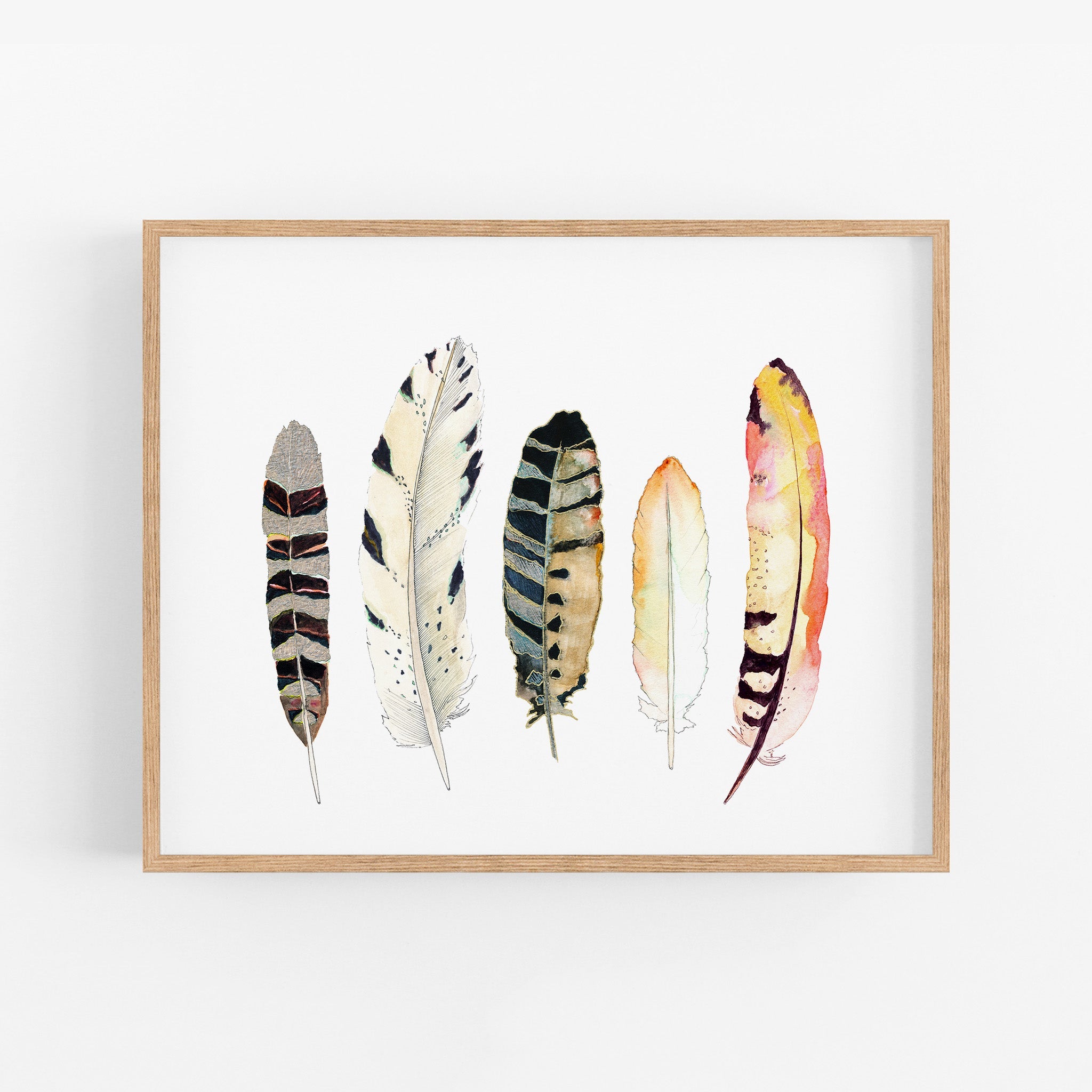 a painting of a row of feathers on a white wall