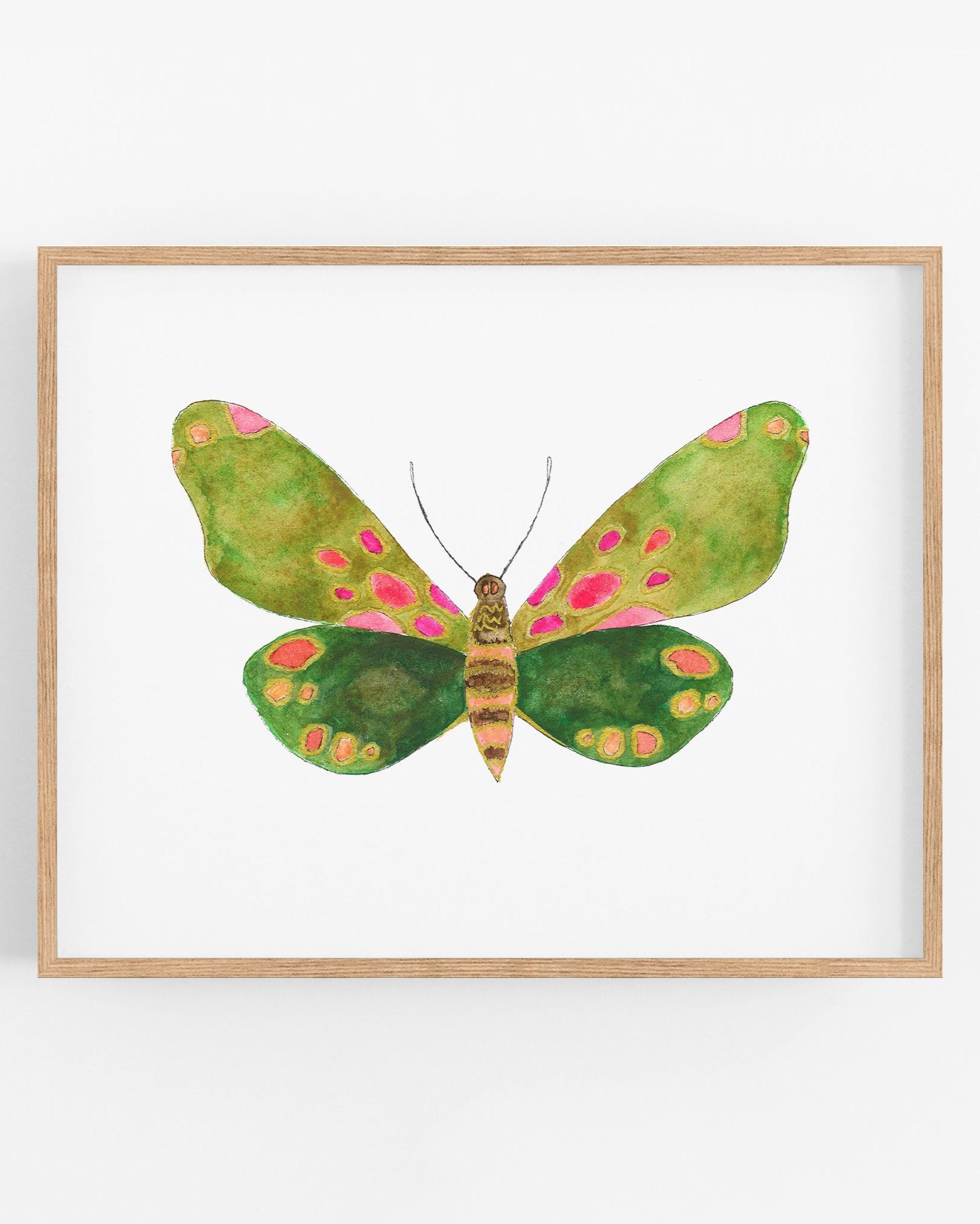 a painting of a green butterfly on a white background