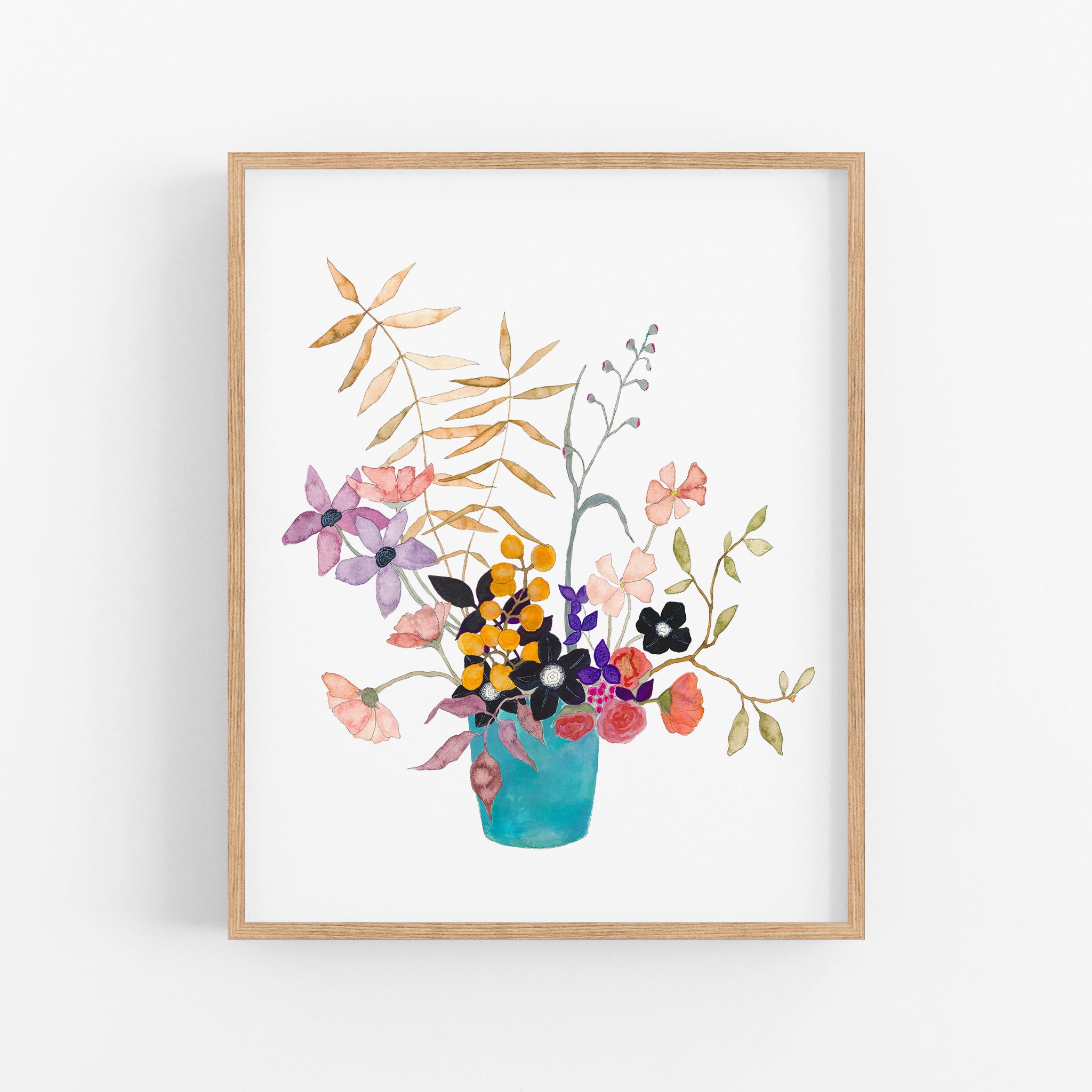 a painting of flowers in a blue vase