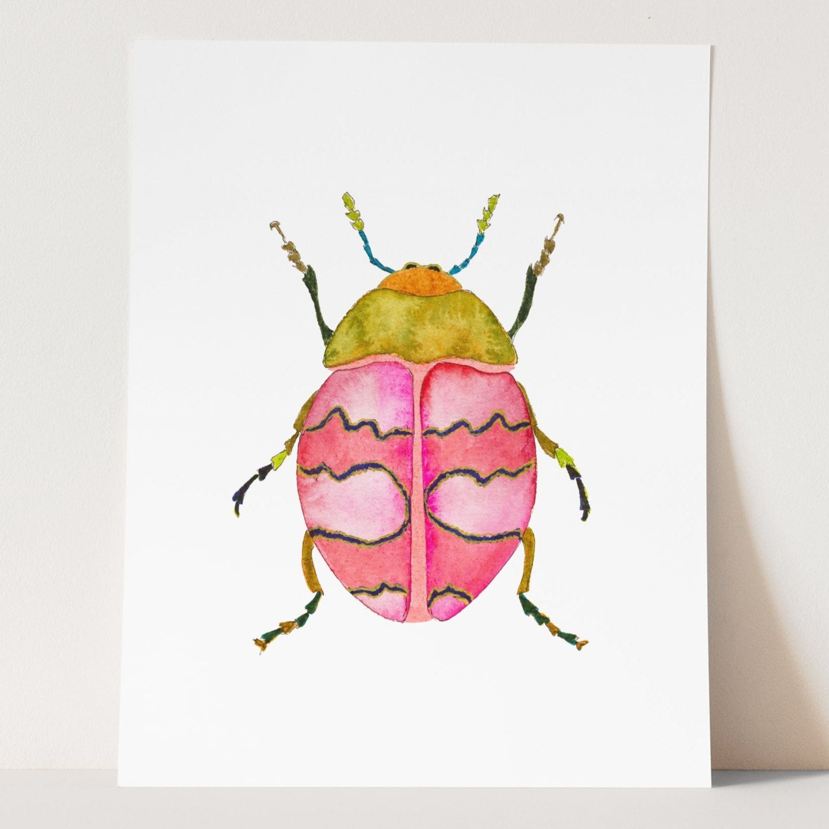 a picture of a pink and yellow bug on a white background