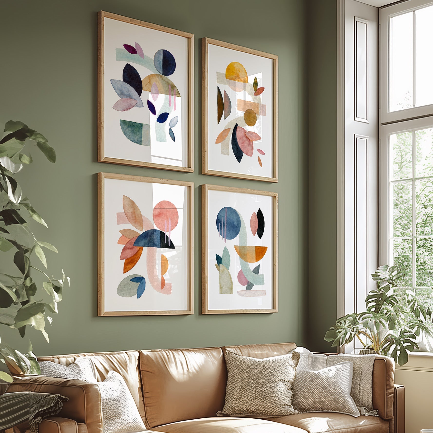 Living room with a brown sofa, abstract art on the wall, and large windows.
