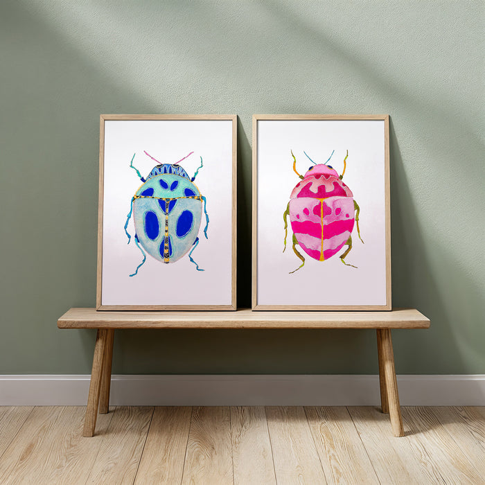Pink & Blue Beetles - Set of 2 Art Prints