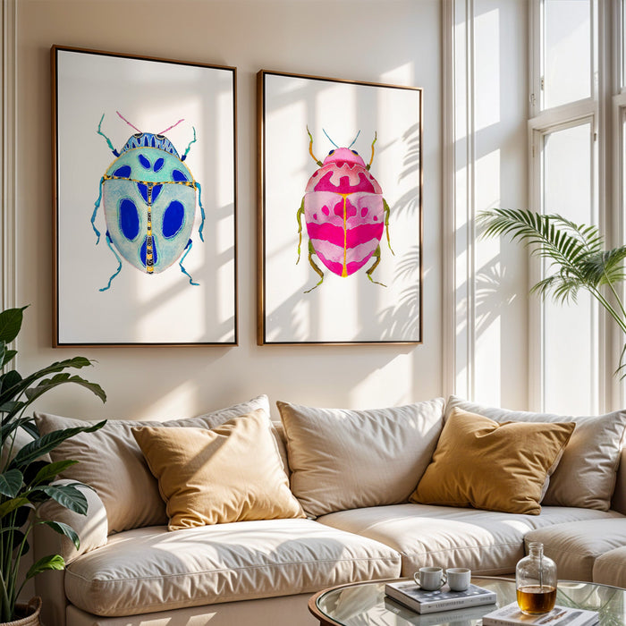 Pink & Blue Beetles - Set of 2 Art Prints