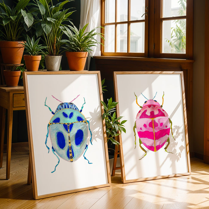Pink & Blue Beetles - Set of 2 Art Prints