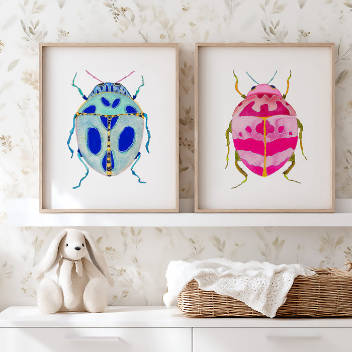Pink & Blue Beetles - Set of 2 Art Prints
