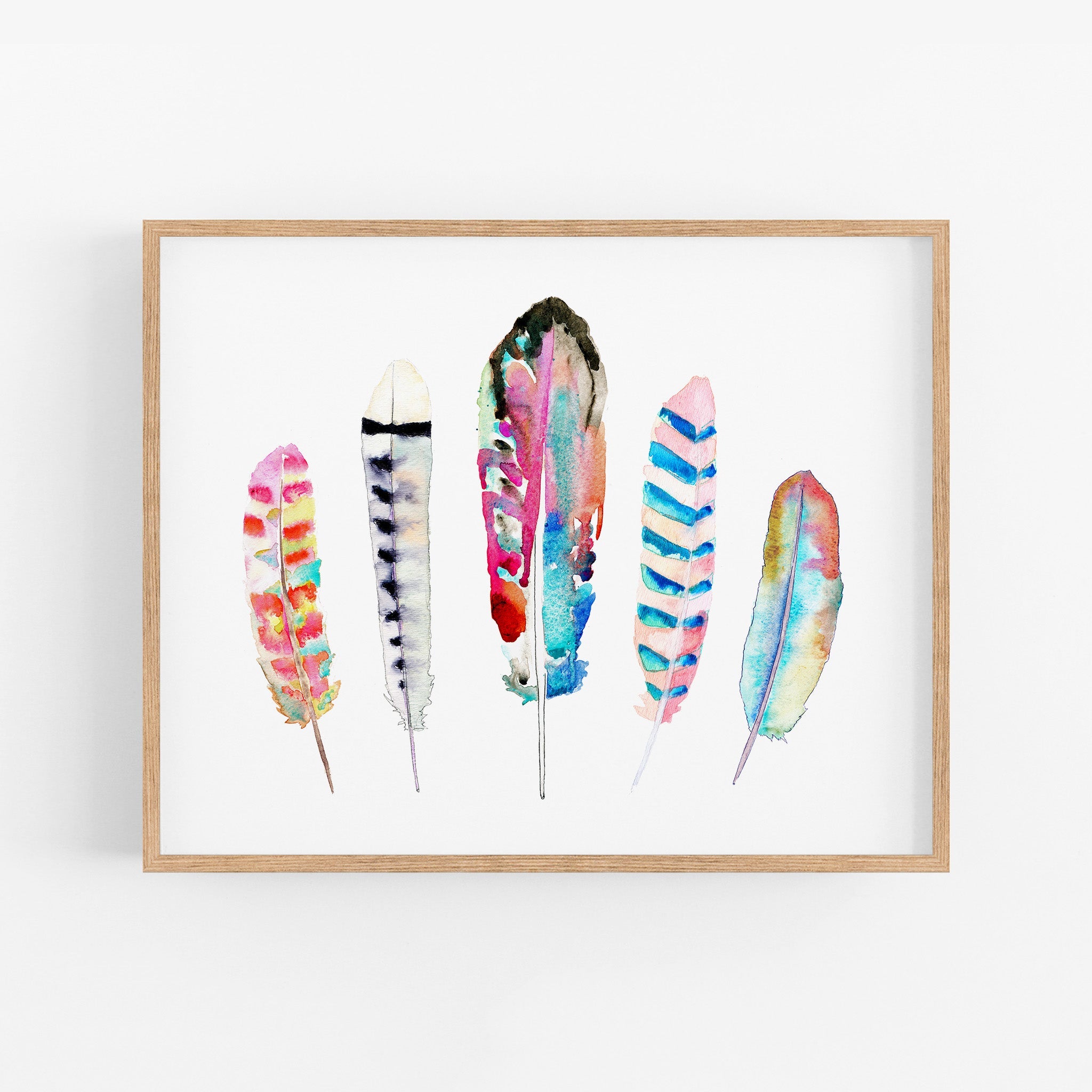 a watercolor painting of colorful feathers on a white background