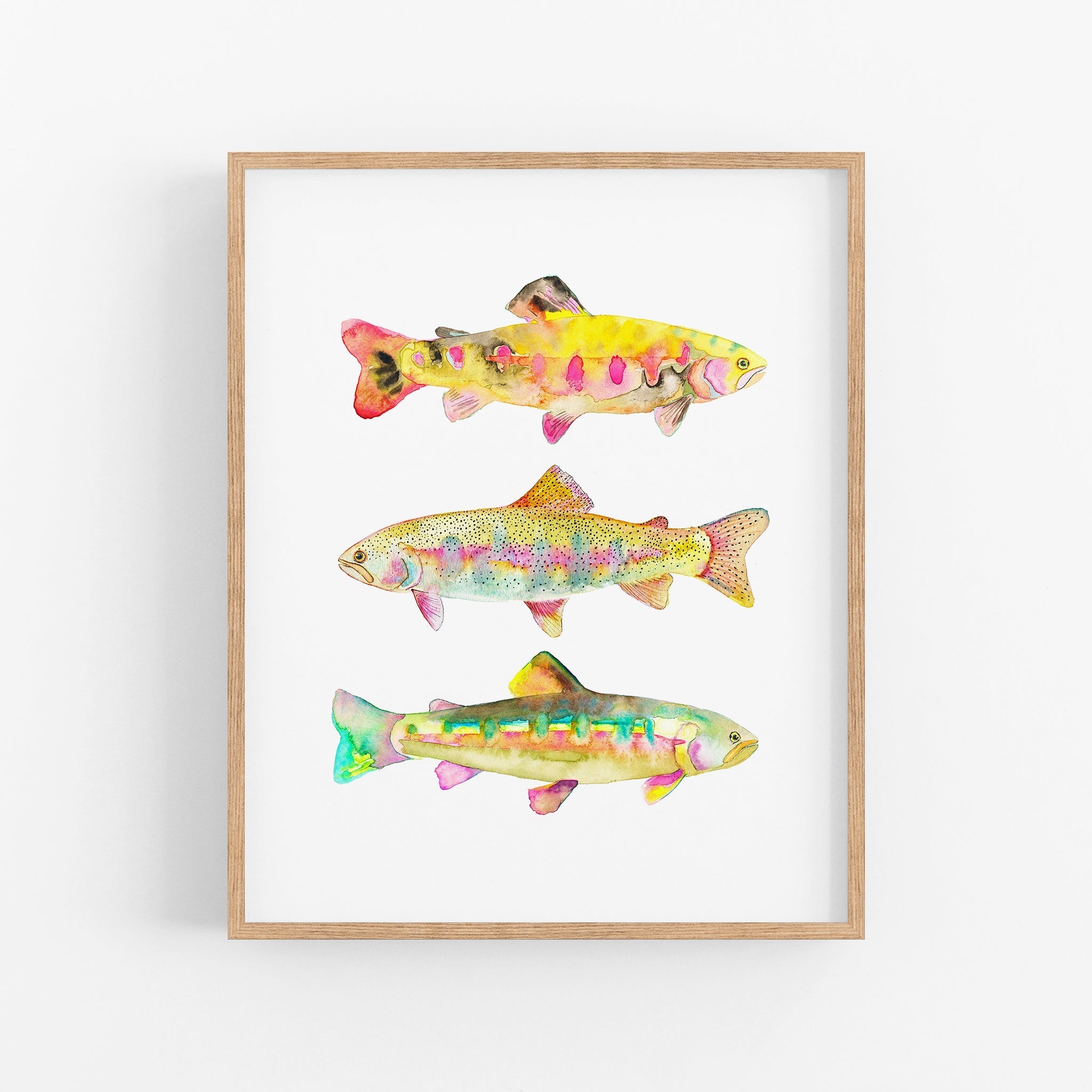 a painting of three rainbow fish on a white background