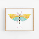 a painting of a yellow and blue insect on a white background
