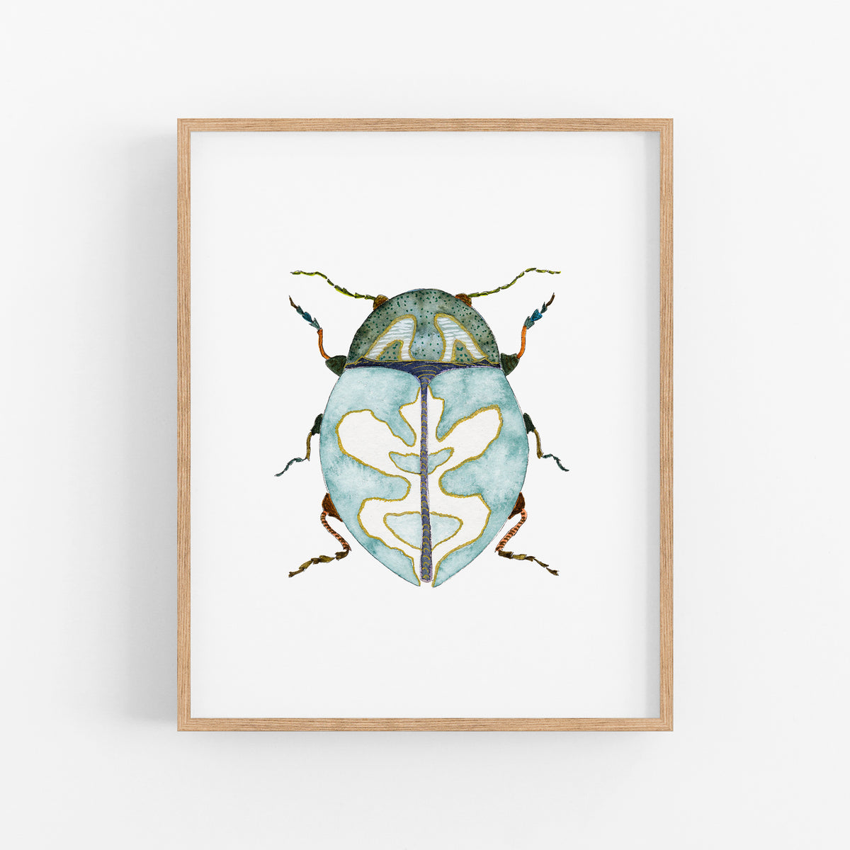 a watercolor painting of a bug on a white wall