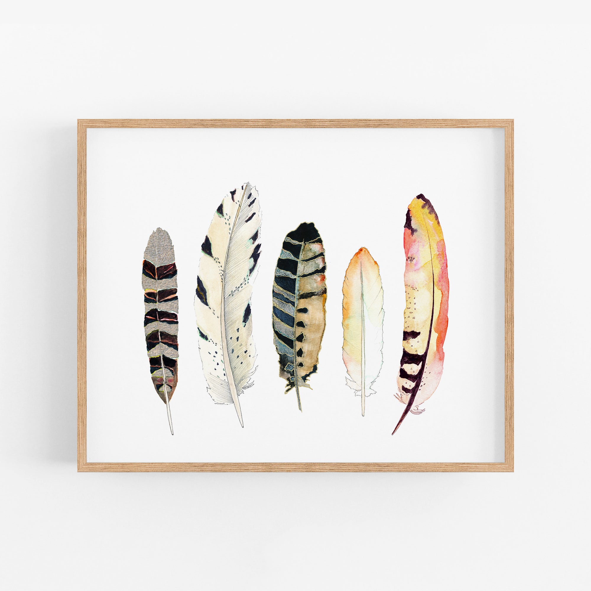 a painting of a row of feathers on a white wall