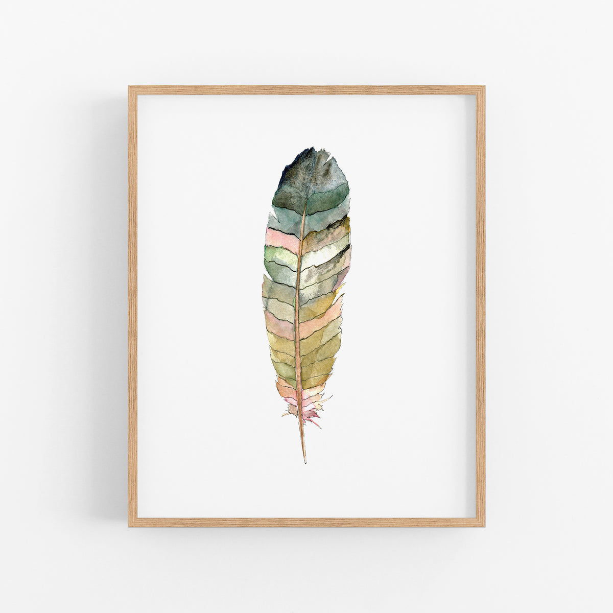 a watercolor painting of a feather on a white wall