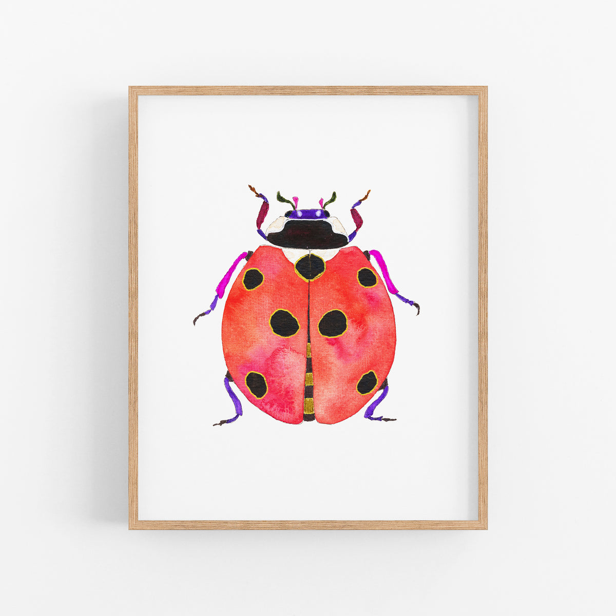 a watercolor painting of a ladybug on a white wall