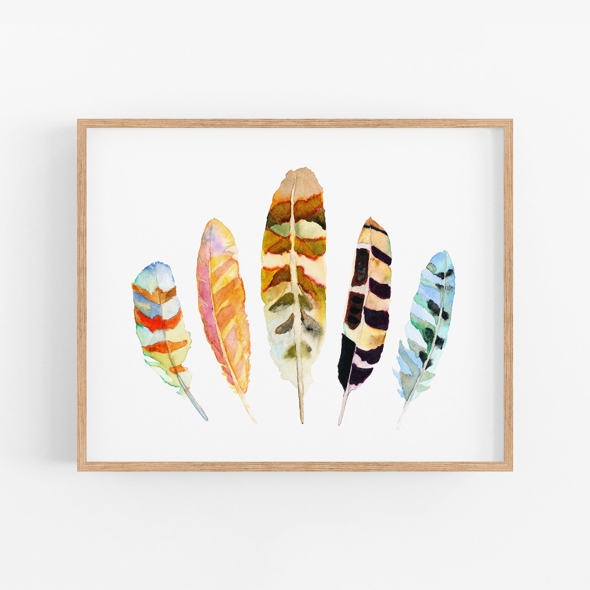 a watercolor painting of a row of feathers