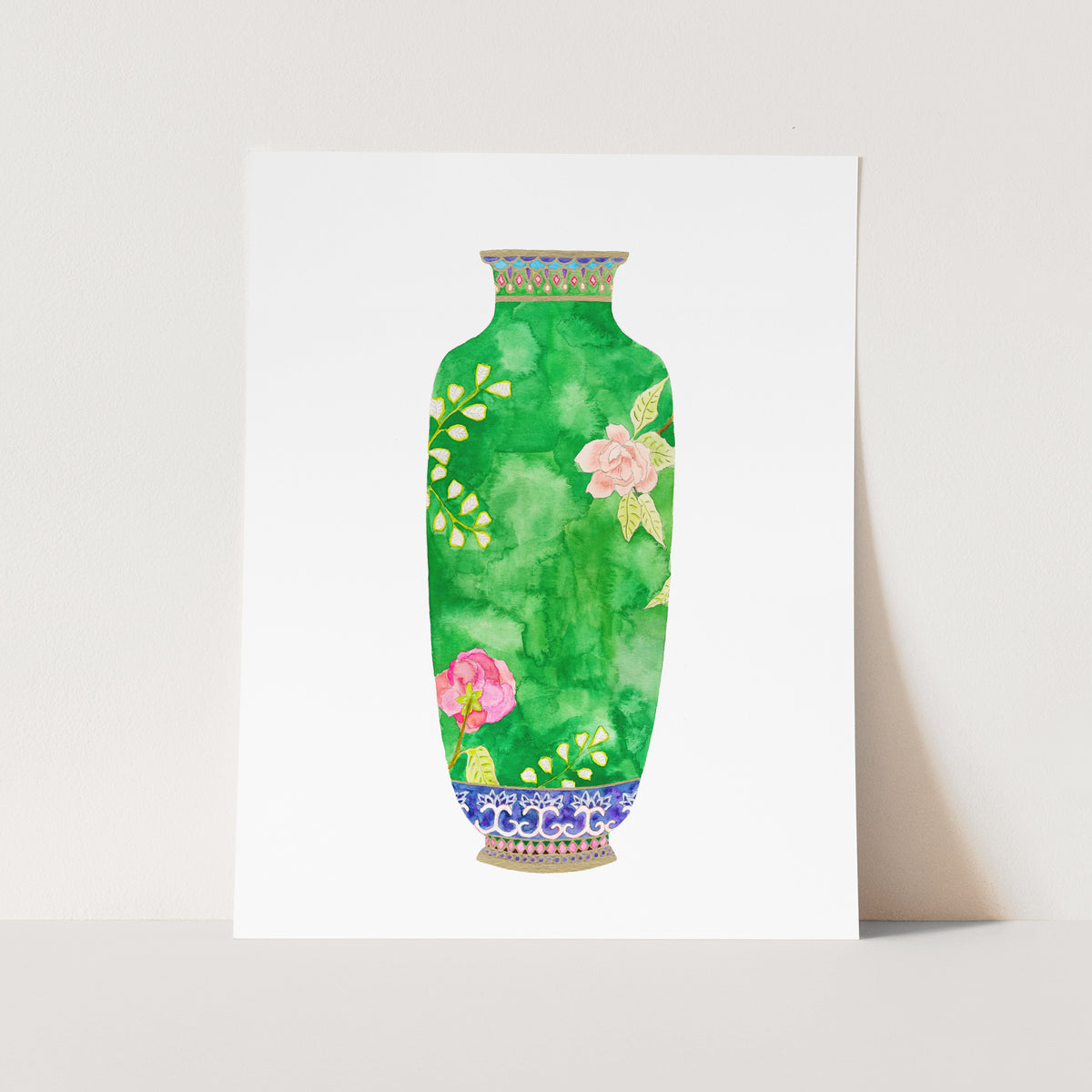 a painting of a green vase with flowers on it