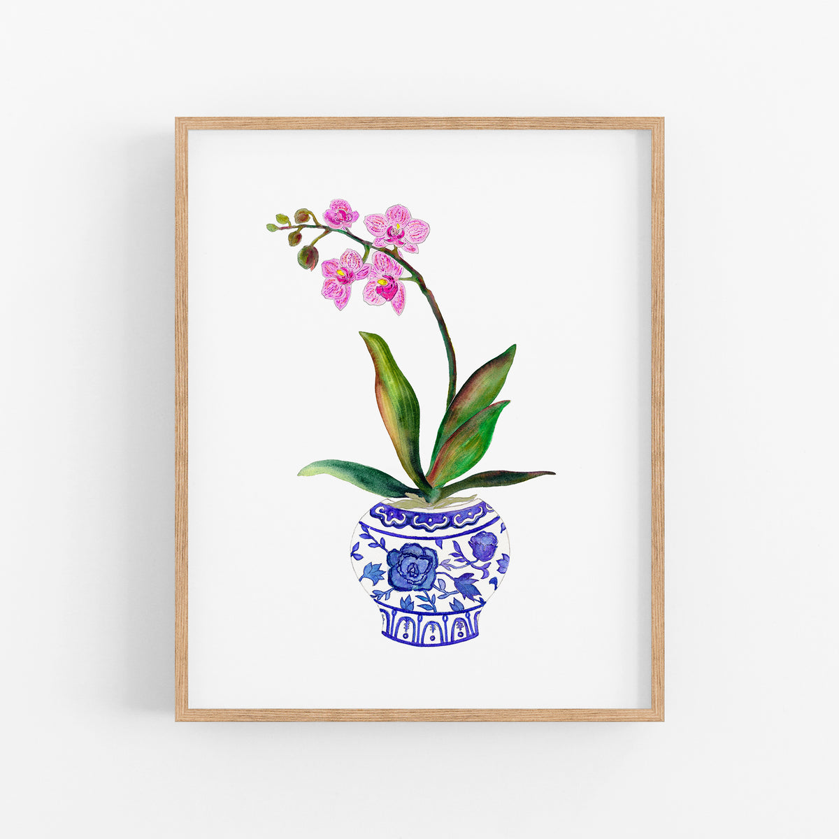 a painting of a flower in a blue and white vase