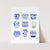a white card with blue and white vases on it