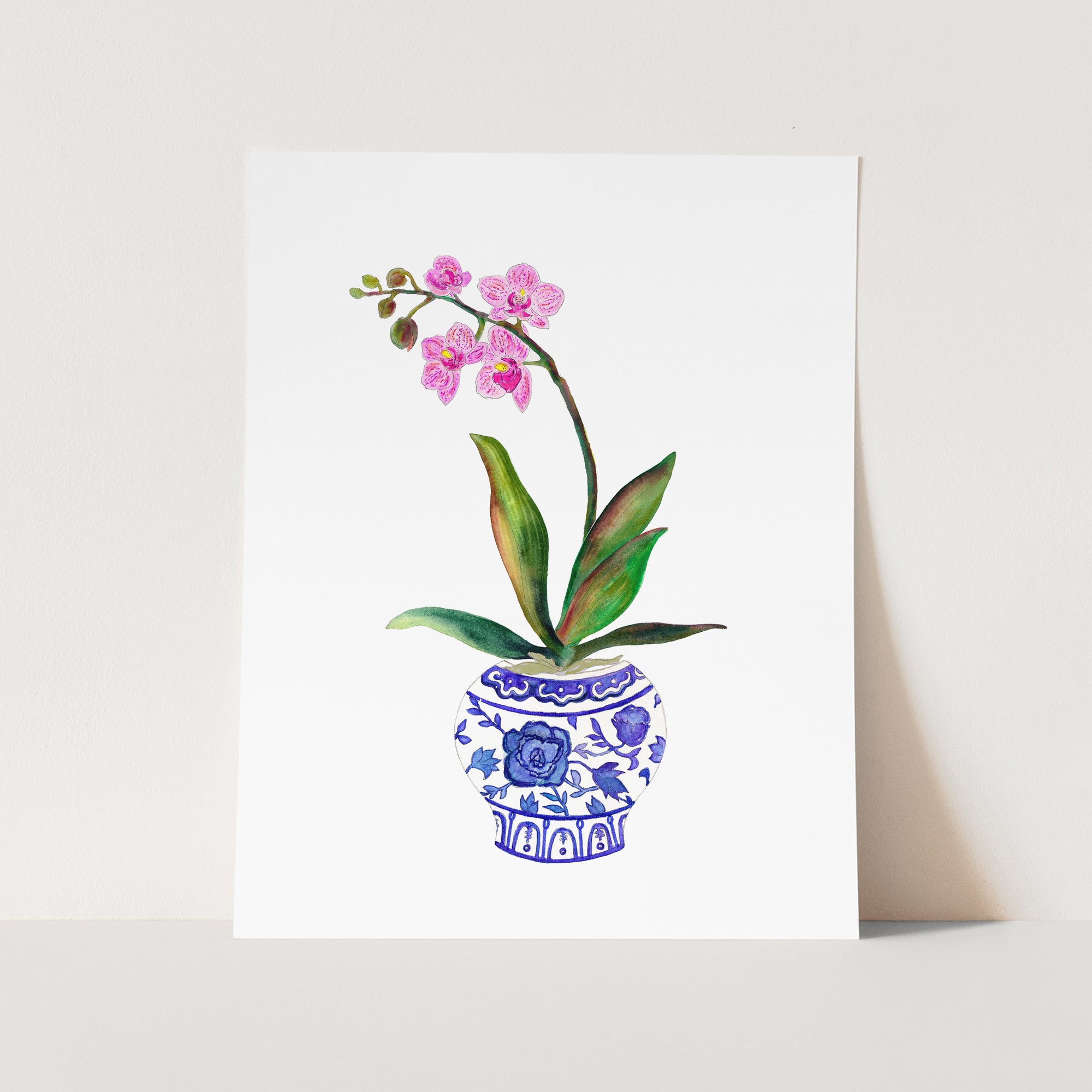 a painting of a pink flower in a blue and white vase