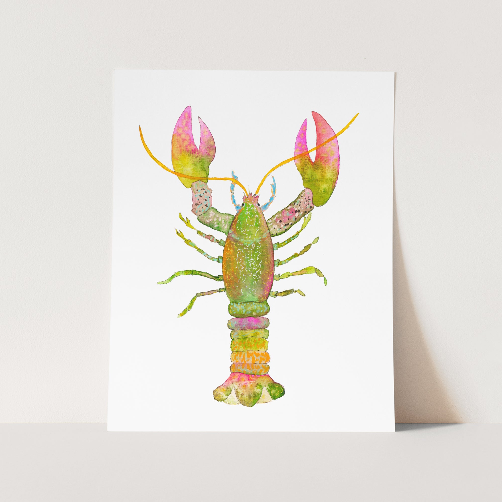 a card with a watercolor drawing of a lobster