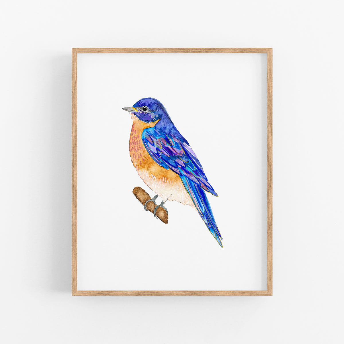 a painting of a blue bird sitting on a branch
