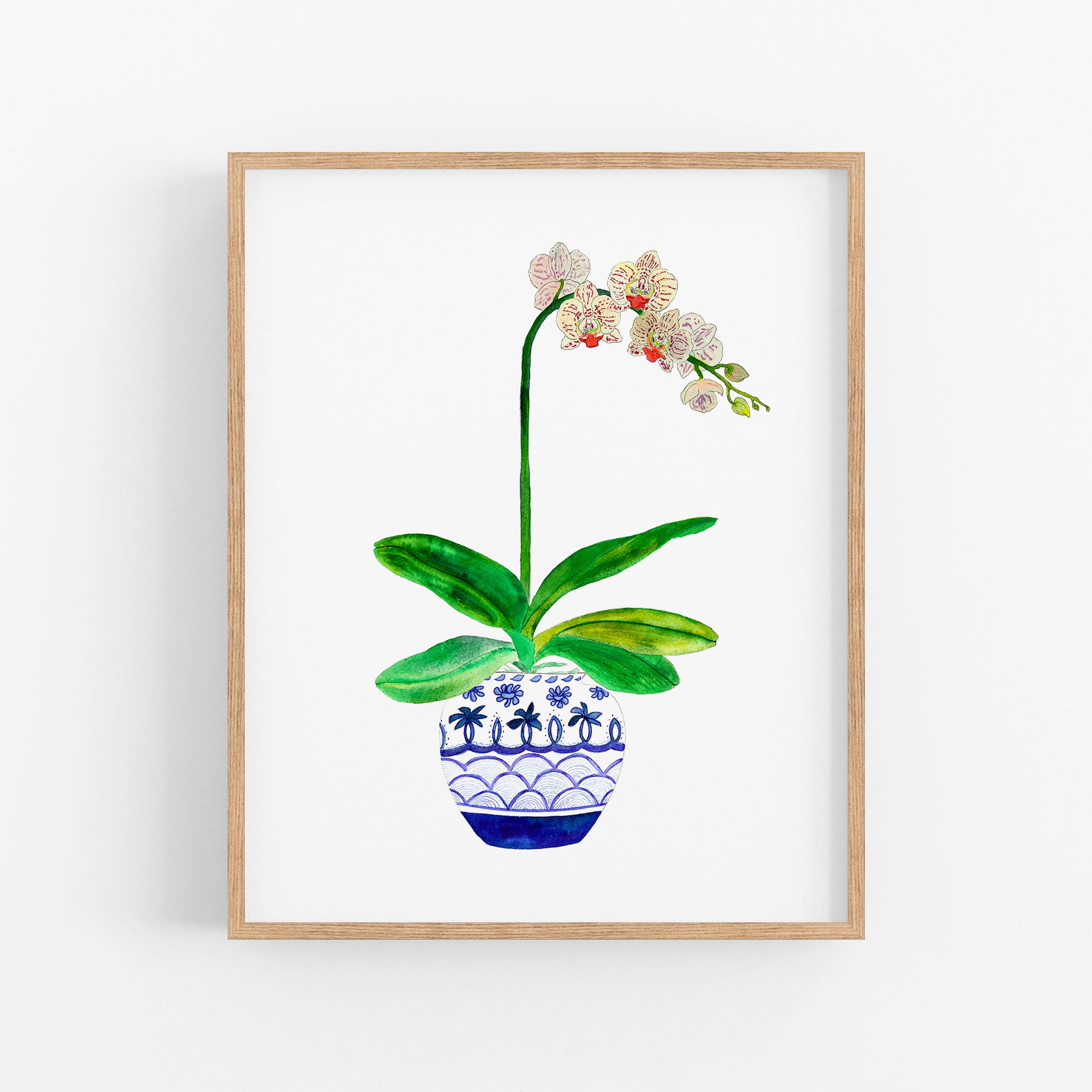 a painting of a flower in a blue and white vase