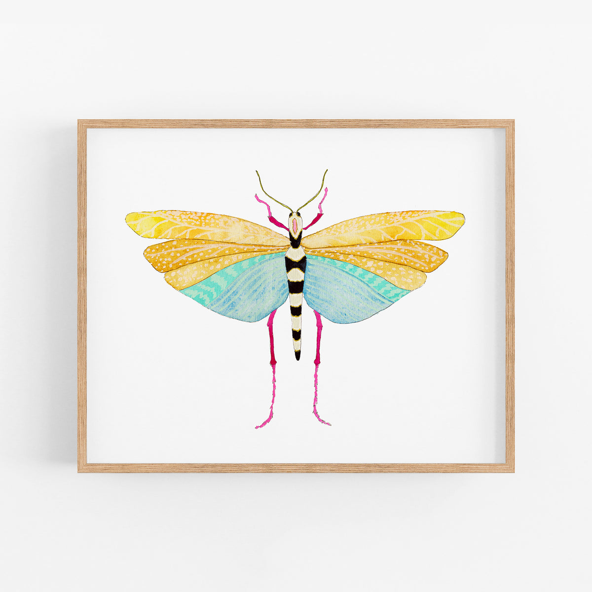 a painting of a yellow and blue insect on a white background